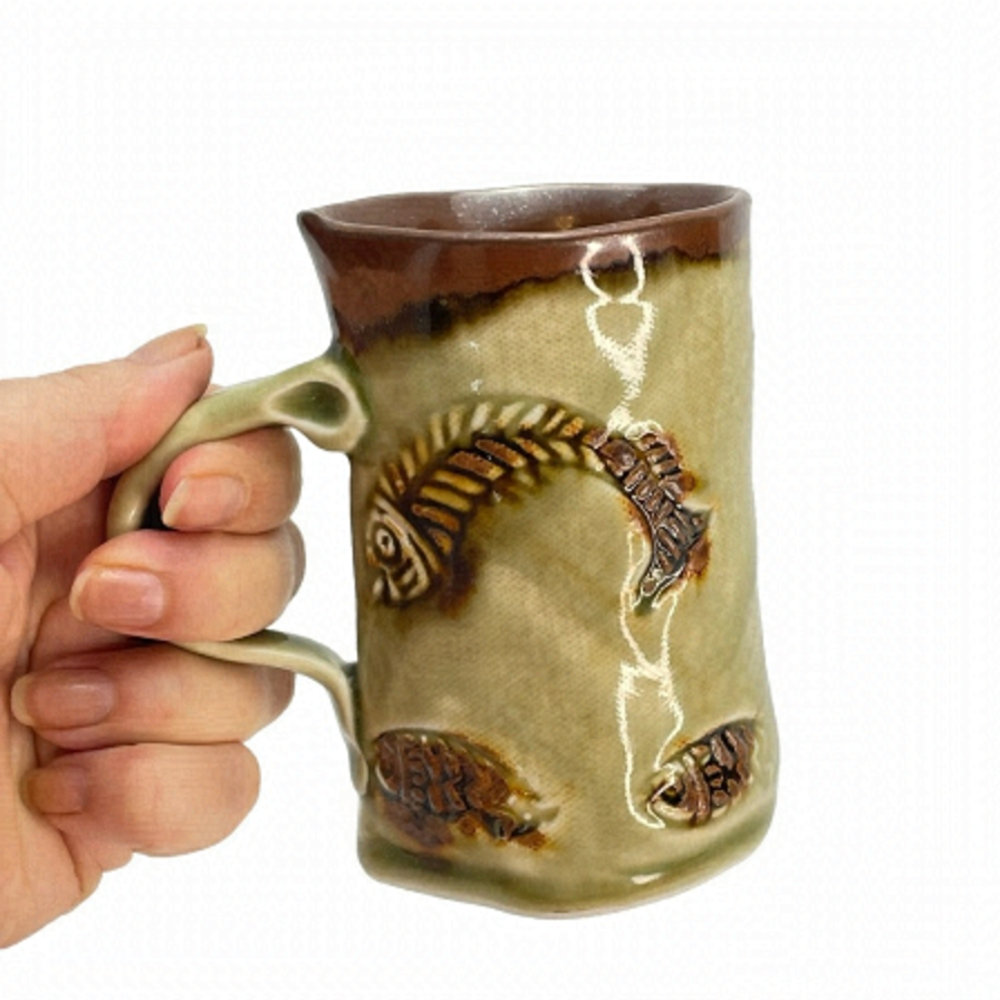 Fish Skeleton Signed Tin Can Pottery Mug